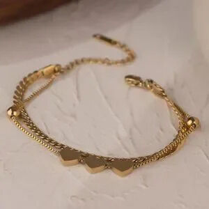 NEW 18K Gold Plated Triple Heart Double Layer Chain Bead Bracelet